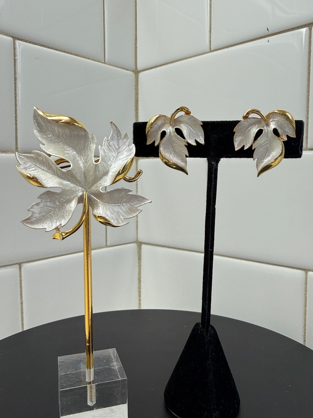 Silver and Gold Leaf Brooch and Earring Set - Women Jewelry Brooches